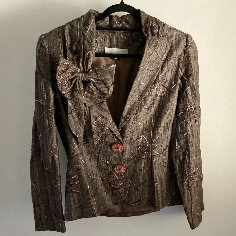 Scrumptious Vintage MARA KHODARA Embroidered Jacket w/ Statement Bow Brown Sz 4